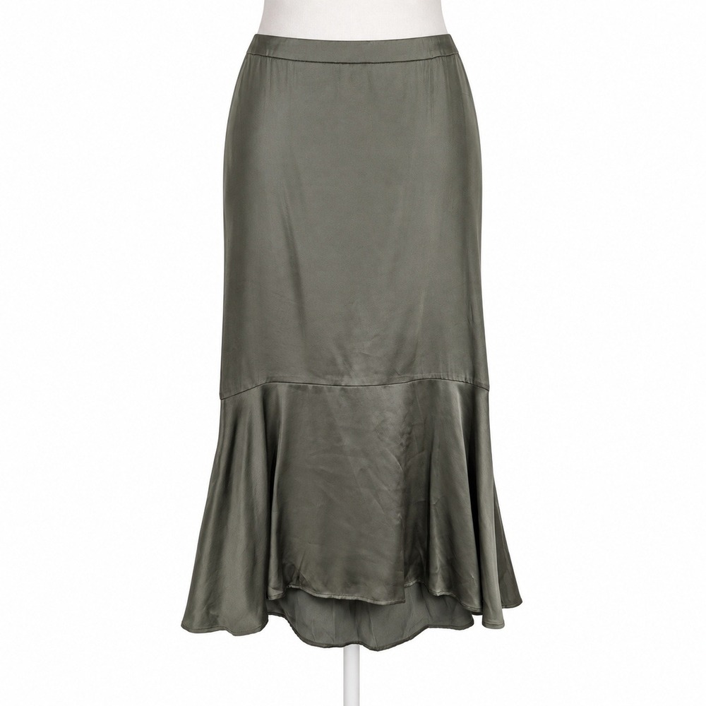 Express Satin Mermaid Flounce Maxi Slip Skirt Sz 12 Olive Green Romantic Luxury